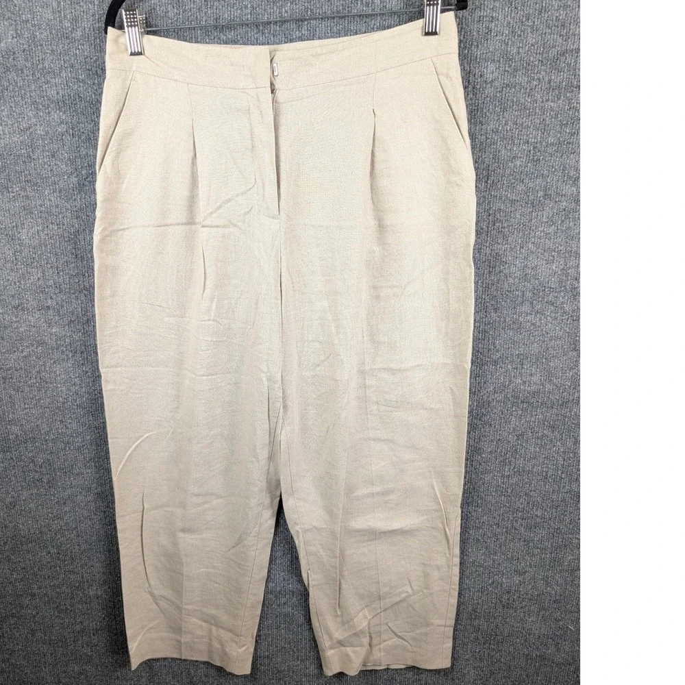 Zara Womens Ivory Linen Blend Pleated Tapered Pants Size M beige work office
